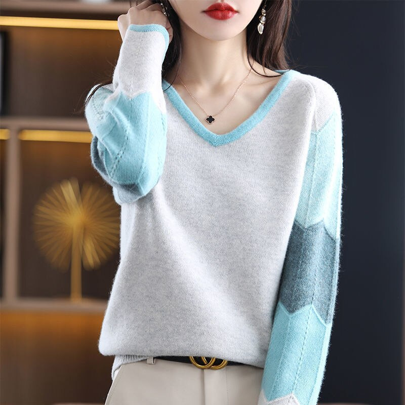 Vintage, blago rastezljive, kontrastne boje, patchwork ženska odjeća, prikladna za kožu, debeli puloveri s V-izrezom