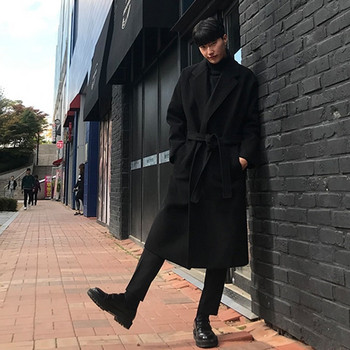 Мъжки палта от смесена черна вълна, реколта, свободни пояси в японски стил, ежедневни връхни дрехи Harajuku над коленете, универсални, удебелени, топли корейски