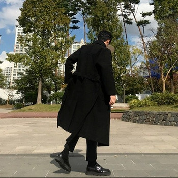 Ανδρικά παλτό με μαύρα μάλλινα παλτό Vintage στυλ Ιαπωνίας Χαλαρά φύλλα casual Harajuku outwear πάνω από τα γόνατα All-match Πύκνωση Ζεστό Κορεάτικο