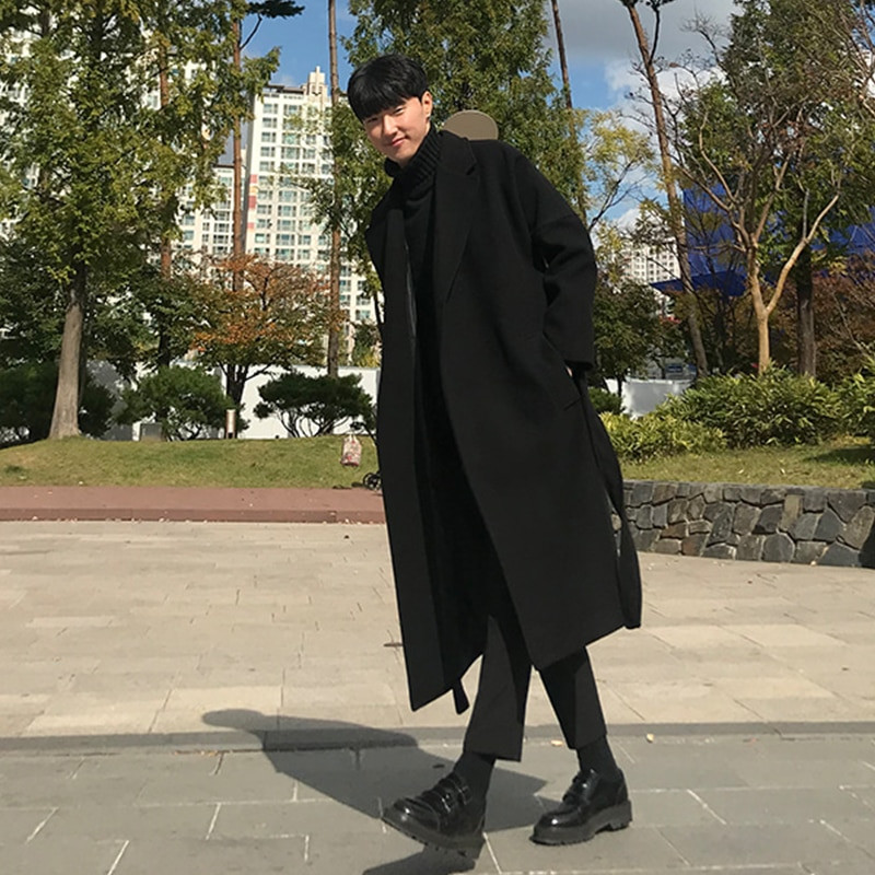 Muški kaputi od mješavine crne vune u vintage japanskom stilu, široki pojasevi, ležerna Harajuku gornja odjeća preko koljena, prikladna, zadebljana, topla korejska