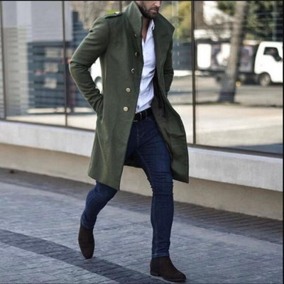 Vīriešu vilnas virsjaka ziemas bieza jaka Vīriešu nolaižama apkakle, gadījuma vienrindas, gara vilnas vēja melna vīriešu mētelis