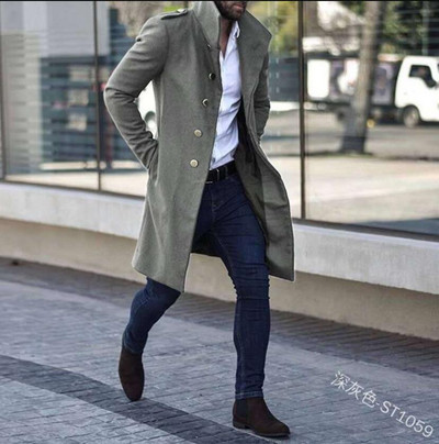 Vīriešu vilnas virsjaka ziemas bieza jaka Vīriešu nolaižama apkakle, gadījuma vienrindas, gara vilnas vēja melna vīriešu mētelis