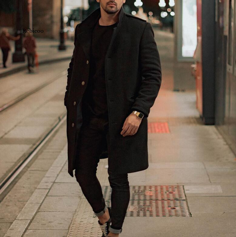 Vīriešu vilnas virsjaka ziemas bieza jaka Vīriešu nolaižama apkakle, gadījuma vienrindas, gara vilnas vēja melna vīriešu mētelis