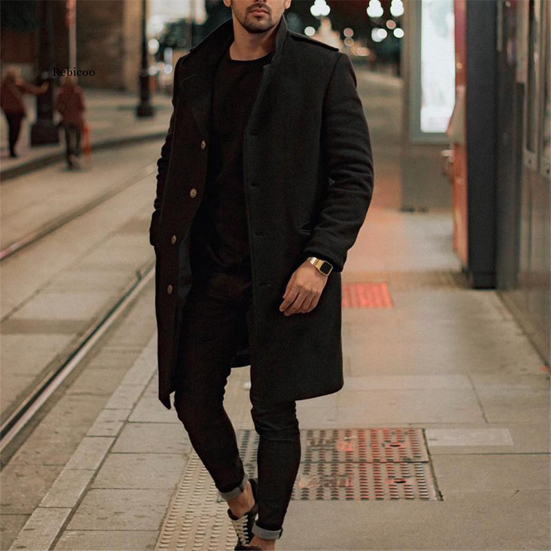 Vīriešu vilnas virsjaka ziemas bieza jaka Vīriešu nolaižama apkakle, gadījuma vienrindas, gara vilnas vēja melna vīriešu mētelis