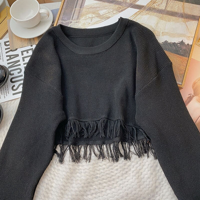 Yitimoky skraćeni preveliki pulover Ženski pulover Top dugih rukava s resicama 2022. Korejska moda jesen zima 2022. Pleteni O-izrez