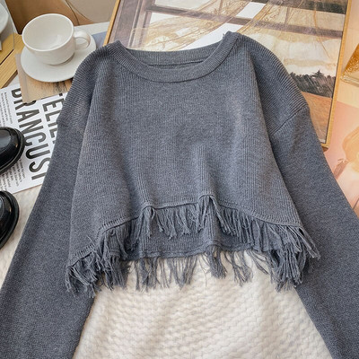 Yitimoky skraćeni preveliki pulover Ženski pulover Top dugih rukava s resicama 2022. Korejska moda jesen zima 2022. Pleteni O-izrez