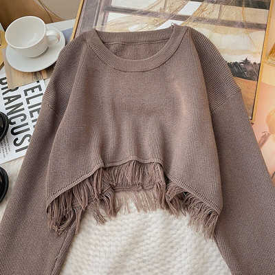 Yitimoky skraćeni preveliki pulover Ženski pulover Top dugih rukava s resicama 2022. Korejska moda jesen zima 2022. Pleteni O-izrez