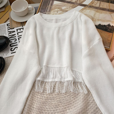 Yitimoky skraćeni preveliki pulover Ženski pulover Top dugih rukava s resicama 2022. Korejska moda jesen zima 2022. Pleteni O-izrez