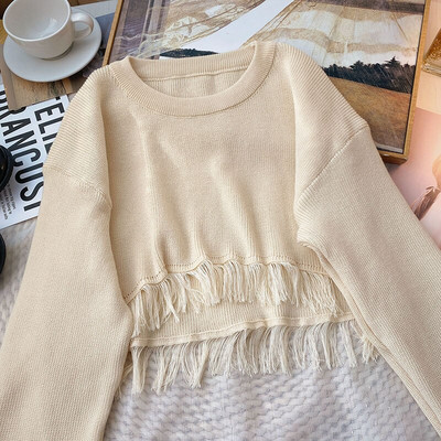 Yitimoky skraćeni preveliki pulover Ženski pulover Top dugih rukava s resicama 2022. Korejska moda jesen zima 2022. Pleteni O-izrez