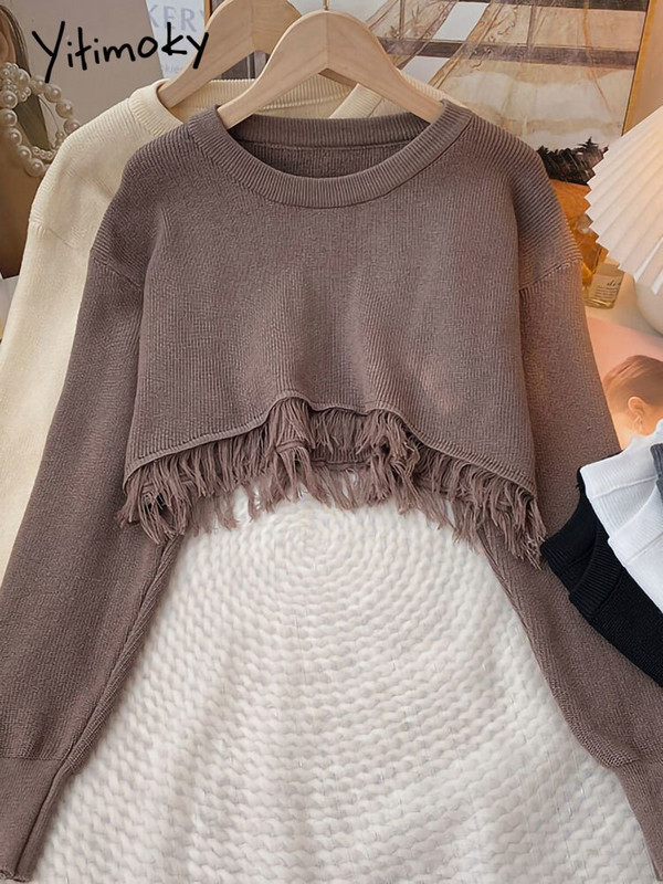 Yitimoky skraćeni preveliki pulover Ženski pulover Top dugih rukava s resicama 2022. Korejska moda jesen zima 2022. Pleteni O-izrez