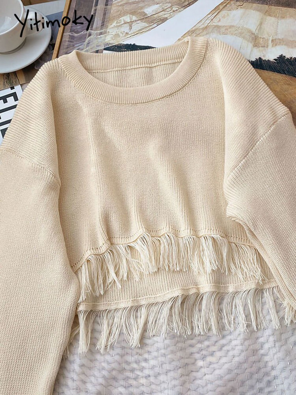 Yitimoky skraćeni preveliki pulover Ženski pulover Top dugih rukava s resicama 2022. Korejska moda jesen zima 2022. Pleteni O-izrez