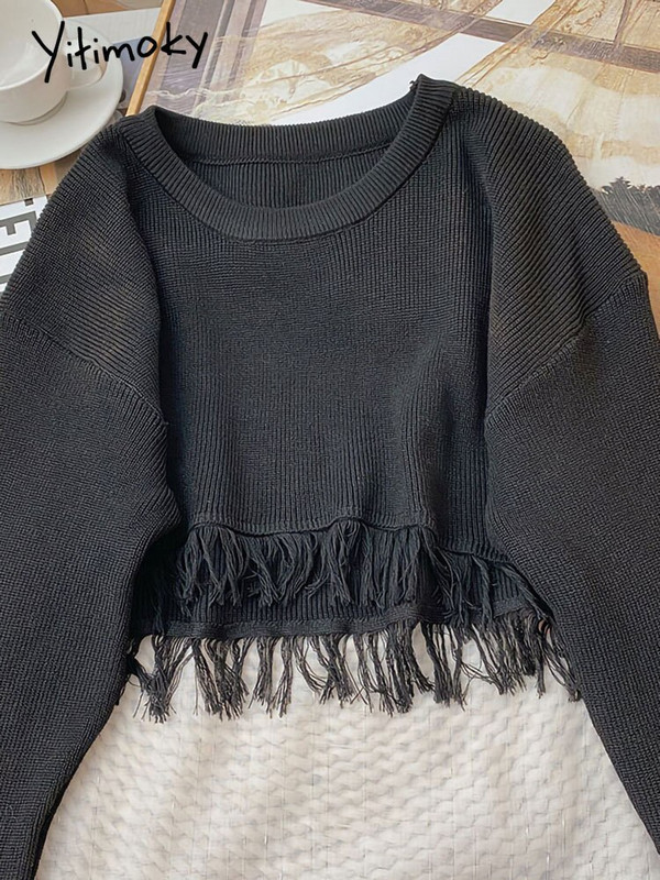 Yitimoky skraćeni preveliki pulover Ženski pulover Top dugih rukava s resicama 2022. Korejska moda jesen zima 2022. Pleteni O-izrez