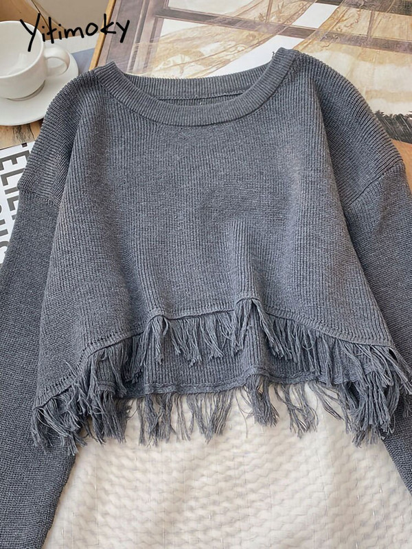 Yitimoky skraćeni preveliki pulover Ženski pulover Top dugih rukava s resicama 2022. Korejska moda jesen zima 2022. Pleteni O-izrez