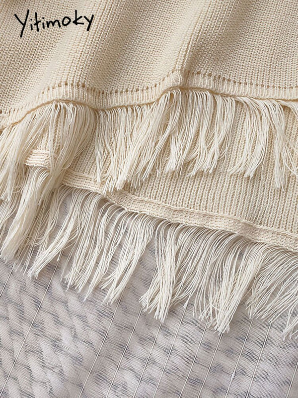 Yitimoky skraćeni preveliki pulover Ženski pulover Top dugih rukava s resicama 2022. Korejska moda jesen zima 2022. Pleteni O-izrez