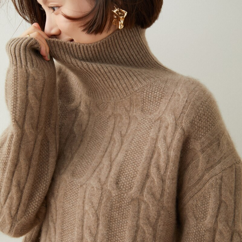 Sieviešu ziemas džemperis, 100% tīrs kašmira trikotāžas džemperi, jauns bruņurupucis, biezs sieviešu brīvs liela izmēra gadījuma trikotāžas tops meitenēm