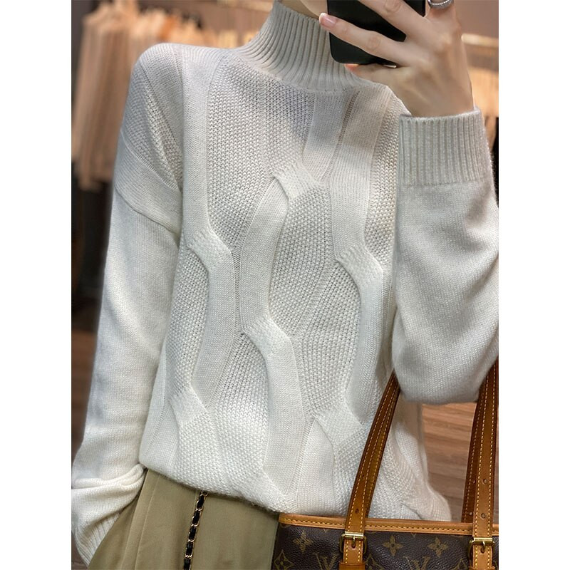 100% gyapjú és kasmír női pulóver, magas nyakú, 2022-es ősz/tél, új, erős, ejtős vállú ujjú, kötött pulóver, bő felső