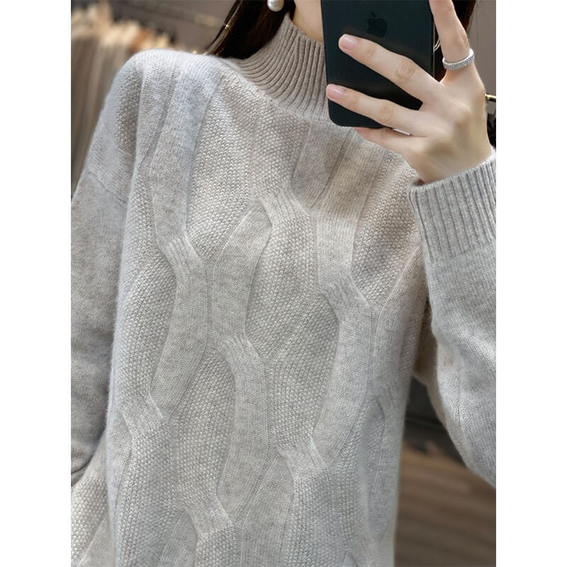 100% gyapjú és kasmír női pulóver, magas nyakú, 2022-es ősz/tél, új, erős, ejtős vállú ujjú, kötött pulóver, bő felső