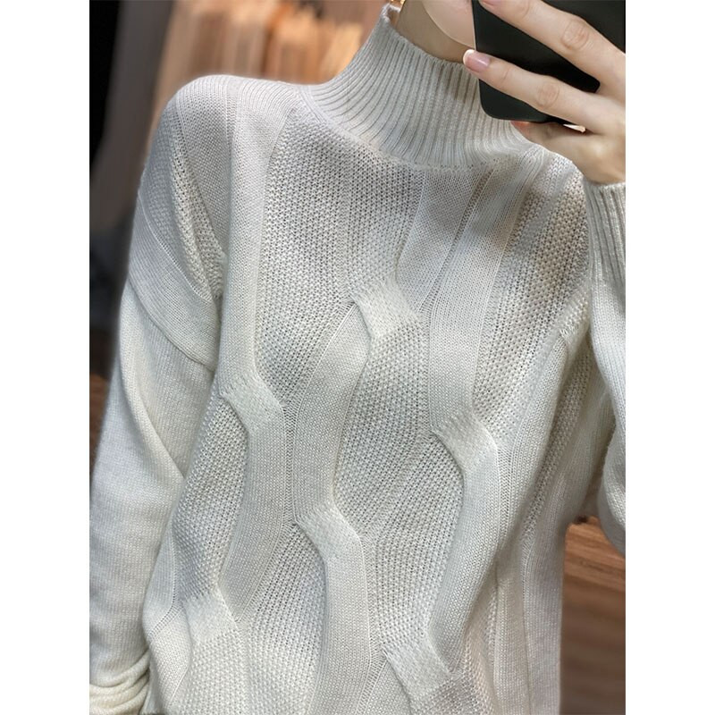 100% gyapjú és kasmír női pulóver, magas nyakú, 2022-es ősz/tél, új, erős, ejtős vállú ujjú, kötött pulóver, bő felső