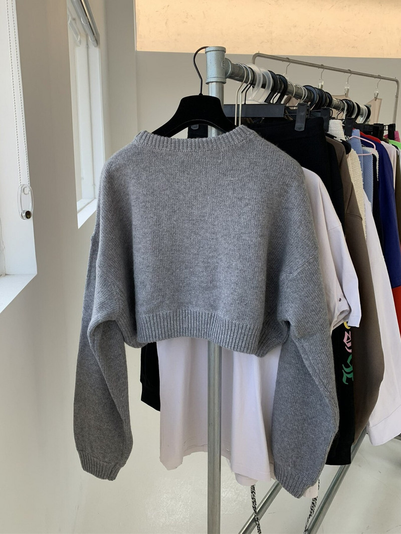 Sieviešu burtu apdruka, vilnas īss trikotāžas džemperis 2022. gada rudens ziemas modes jauns sieviešu pelēks O veida kakla izgriezuma džemperis ar garām piedurknēm