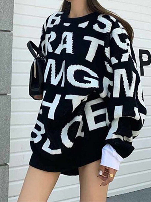 Πλεκτό πουλόβερ Γυναικείο λαιμόκοψη γράμμα Harajuku πουλόβερ Γυναικείο Loose Lazy Wind Μεσαίου μήκους πλεκτά Γυναικεία casual τοπ Poleras Mujer