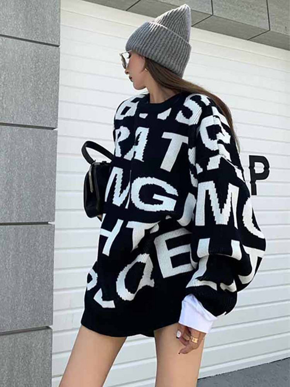 Πλεκτό πουλόβερ Γυναικείο λαιμόκοψη γράμμα Harajuku πουλόβερ Γυναικείο Loose Lazy Wind Μεσαίου μήκους πλεκτά Γυναικεία casual τοπ Poleras Mujer