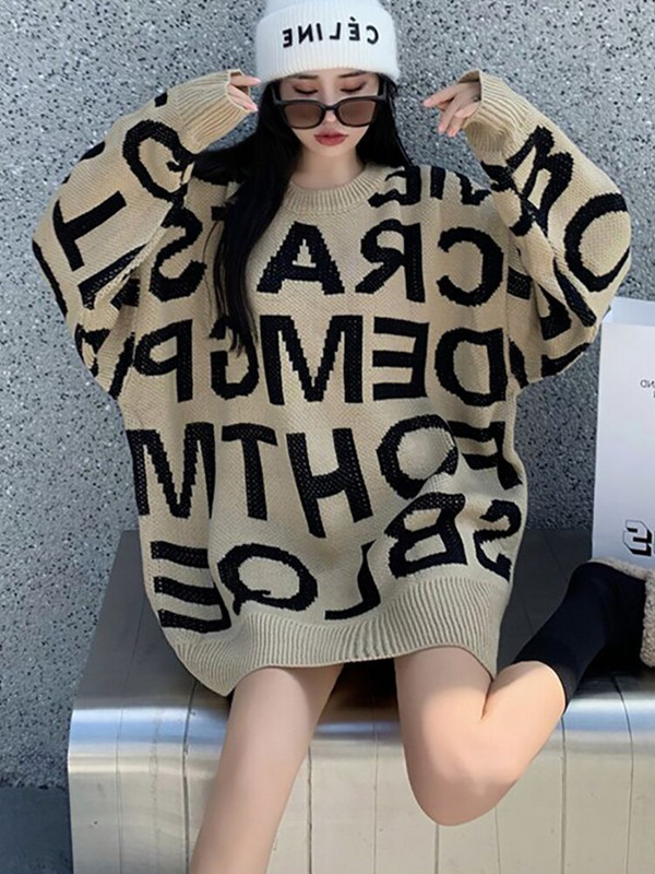Πλεκτό πουλόβερ Γυναικείο λαιμόκοψη γράμμα Harajuku πουλόβερ Γυναικείο Loose Lazy Wind Μεσαίου μήκους πλεκτά Γυναικεία casual τοπ Poleras Mujer
