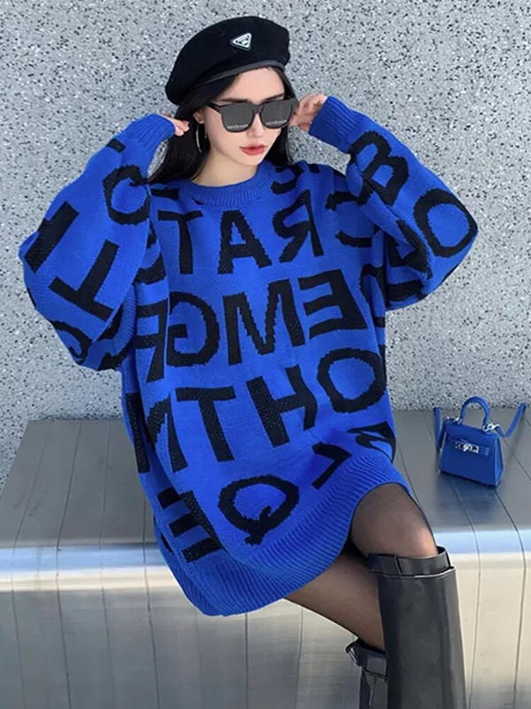 Πλεκτό πουλόβερ Γυναικείο λαιμόκοψη γράμμα Harajuku πουλόβερ Γυναικείο Loose Lazy Wind Μεσαίου μήκους πλεκτά Γυναικεία casual τοπ Poleras Mujer