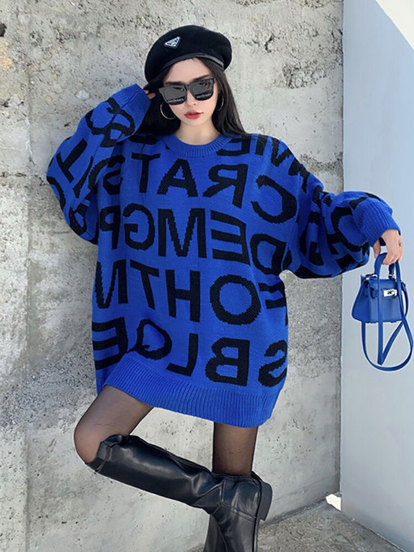 Πλεκτό πουλόβερ Γυναικείο λαιμόκοψη γράμμα Harajuku πουλόβερ Γυναικείο Loose Lazy Wind Μεσαίου μήκους πλεκτά Γυναικεία casual τοπ Poleras Mujer