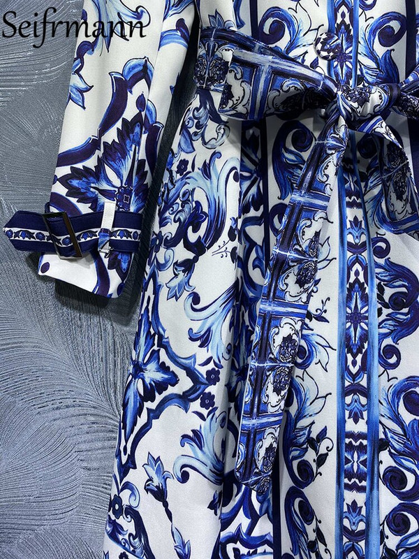 Seifrmann visokokvalitetni jesenski ženski modni dizajnerski baloni s remenom Plavi i bijeli porculanski otisnuti kaputi dugih rukava