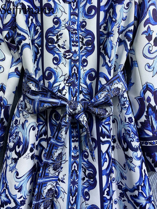 Seifrmann visokokvalitetni jesenski ženski modni dizajnerski baloni s remenom Plavi i bijeli porculanski otisnuti kaputi dugih rukava