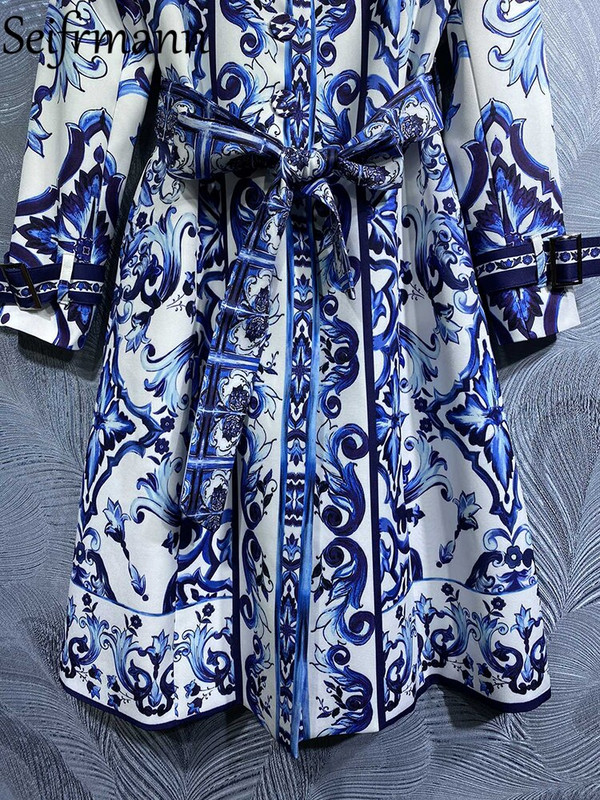Seifrmann visokokvalitetni jesenski ženski modni dizajnerski baloni s remenom Plavi i bijeli porculanski otisnuti kaputi dugih rukava