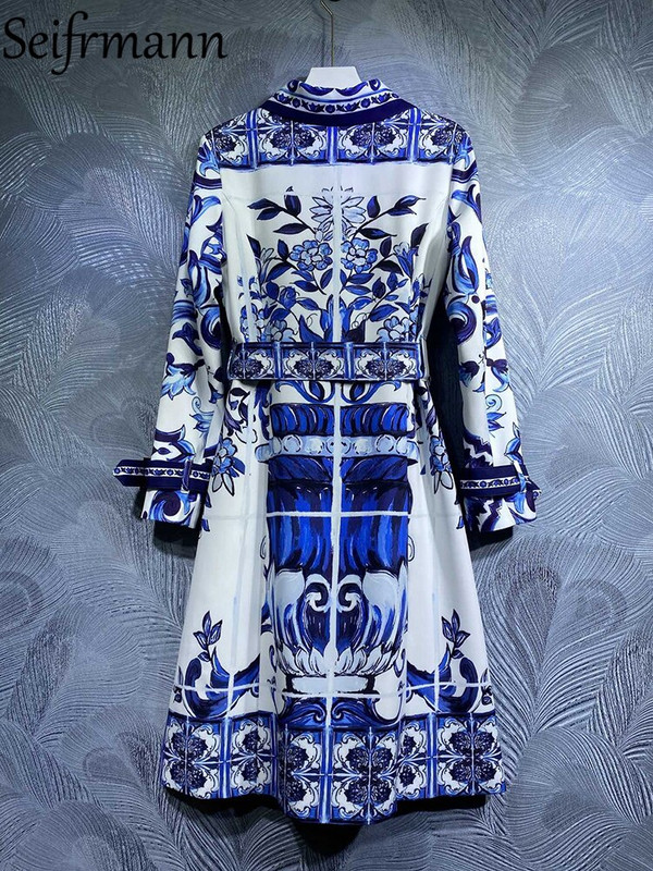 Seifrmann visokokvalitetni jesenski ženski modni dizajnerski baloni s remenom Plavi i bijeli porculanski otisnuti kaputi dugih rukava