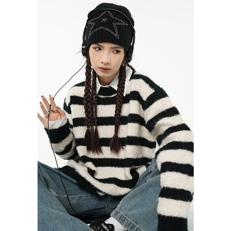 Sieviešu melns svītru džemperis apaļš kakla kontrastējošas krāsas modes slinks vējš ziema jauni garām piedurknēm adīšanas džemperi topi