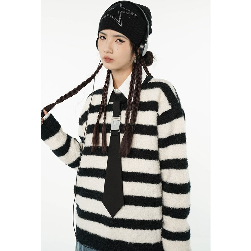 Sieviešu melns svītru džemperis apaļš kakla kontrastējošas krāsas modes slinks vējš ziema jauni garām piedurknēm adīšanas džemperi topi