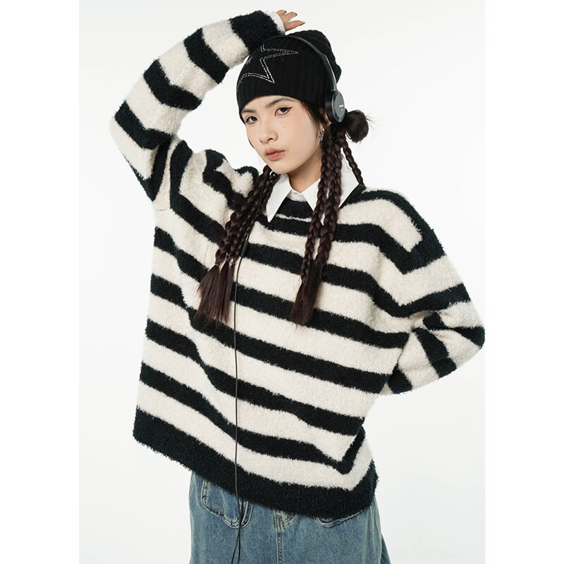 Sieviešu melns svītru džemperis apaļš kakla kontrastējošas krāsas modes slinks vējš ziema jauni garām piedurknēm adīšanas džemperi topi