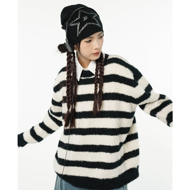 Sieviešu melns svītru džemperis apaļš kakla kontrastējošas krāsas modes slinks vējš ziema jauni garām piedurknēm adīšanas džemperi topi