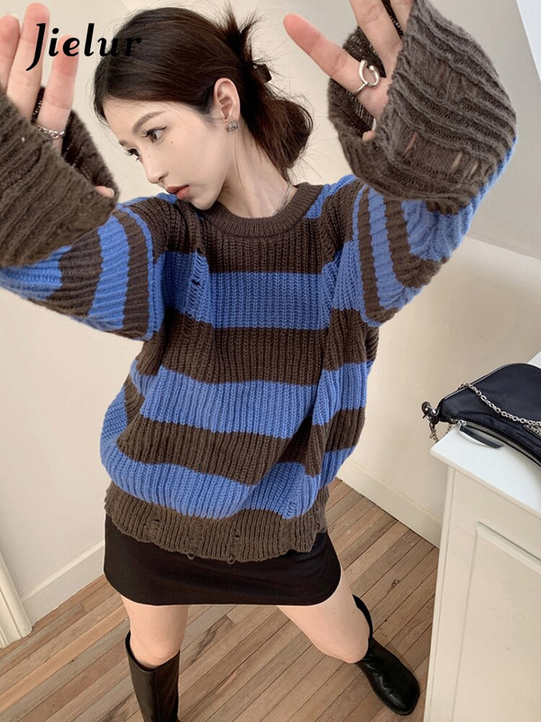 Jielur Vintage, brūns, zils svītru džemperis, sieviešu džemperis ar caurumu, vaļīgs džemperis korejiešu rudens, jauns, trikotāžas sieviešu tops