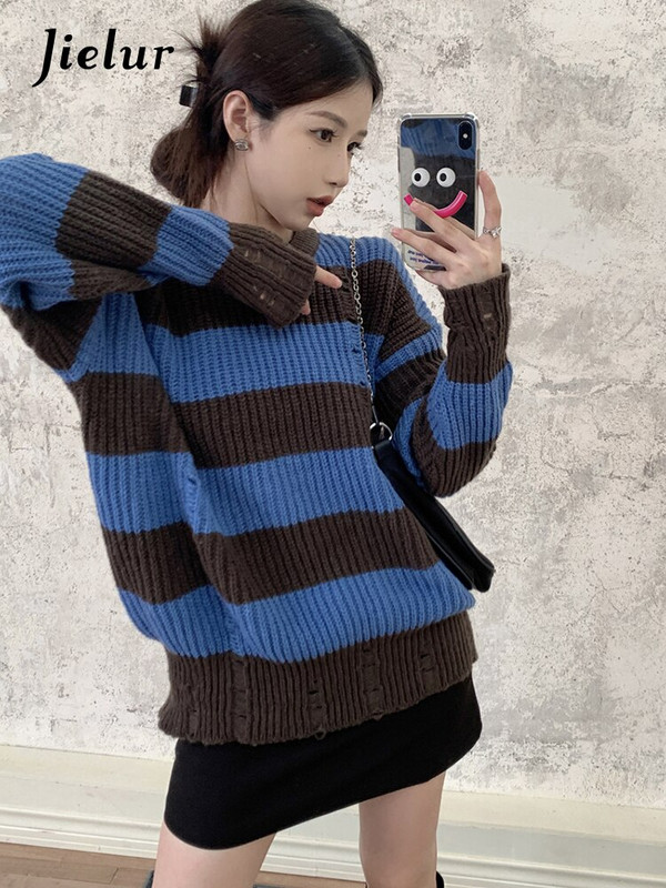 Jielur Vintage, brūns, zils svītru džemperis, sieviešu džemperis ar caurumu, vaļīgs džemperis korejiešu rudens, jauns, trikotāžas sieviešu tops