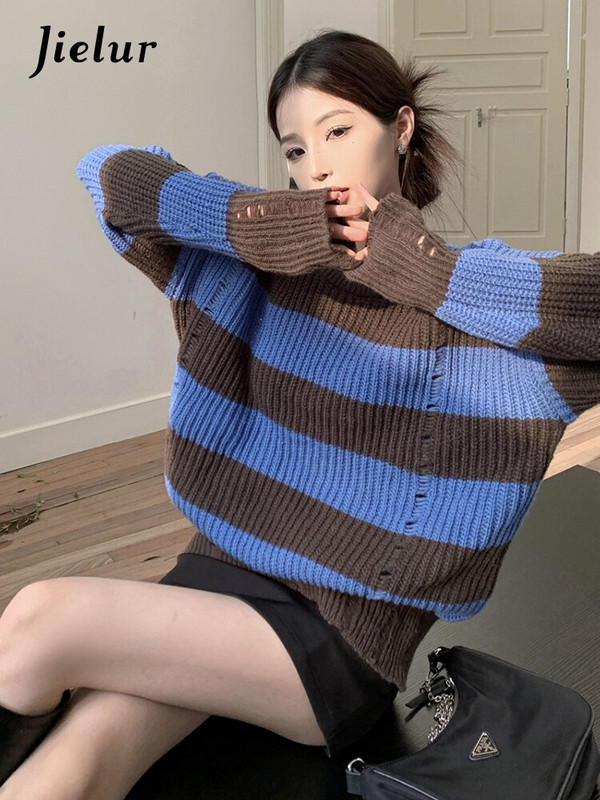 Jielur Vintage, brūns, zils svītru džemperis, sieviešu džemperis ar caurumu, vaļīgs džemperis korejiešu rudens, jauns, trikotāžas sieviešu tops