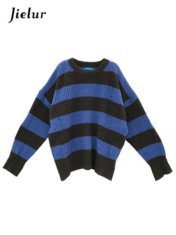 Jielur Vintage, brūns, zils svītru džemperis, sieviešu džemperis ar caurumu, vaļīgs džemperis korejiešu rudens, jauns, trikotāžas sieviešu tops
