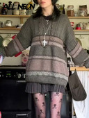 ALLNeon Y2K Fairy Grunge με ριγέ στάμπα πλεκτά πουλόβερ Goblincore Αισθητικό ρετρό με λαιμόκοψη Ο με μακρυμάνικο στρατό Πράσινο μπλουζάκι