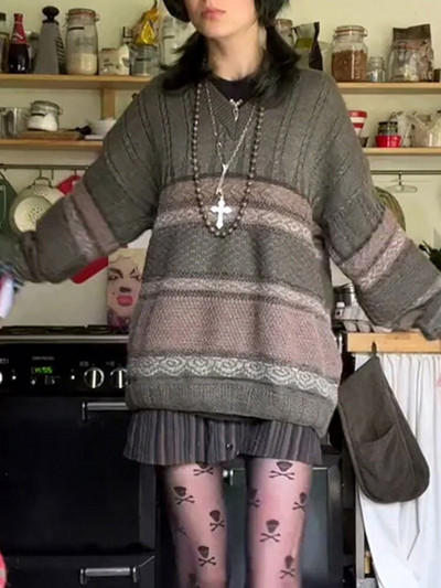 ALLNeon Y2K Fairy Grunge με ριγέ στάμπα πλεκτά πουλόβερ Goblincore Αισθητικό ρετρό με λαιμόκοψη Ο με μακρυμάνικο στρατό Πράσινο μπλουζάκι