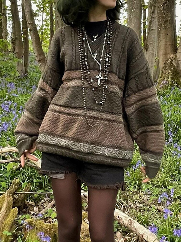 ALLNeon Y2K Fairy Grunge με ριγέ στάμπα πλεκτά πουλόβερ Goblincore Αισθητικό ρετρό με λαιμόκοψη Ο με μακρυμάνικο στρατό Πράσινο μπλουζάκι