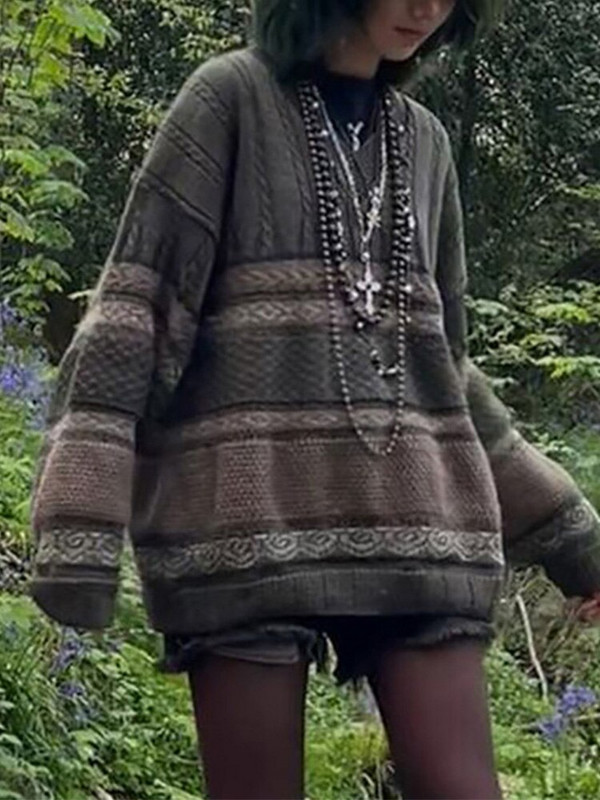 ALLNeon Y2K Fairy Grunge με ριγέ στάμπα πλεκτά πουλόβερ Goblincore Αισθητικό ρετρό με λαιμόκοψη Ο με μακρυμάνικο στρατό Πράσινο μπλουζάκι