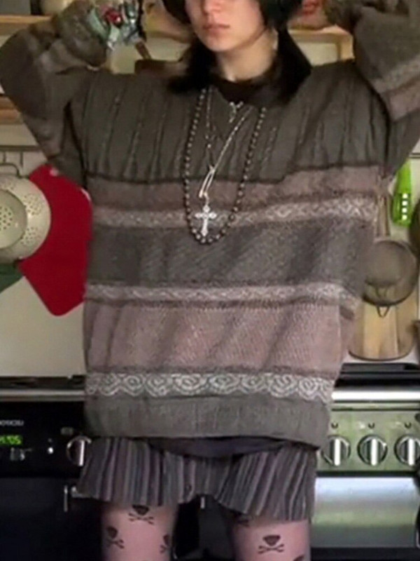 ALLNeon Y2K Fairy Grunge με ριγέ στάμπα πλεκτά πουλόβερ Goblincore Αισθητικό ρετρό με λαιμόκοψη Ο με μακρυμάνικο στρατό Πράσινο μπλουζάκι