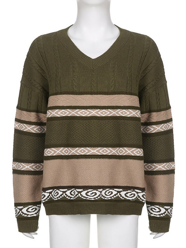 ALLNeon Y2K Fairy Grunge με ριγέ στάμπα πλεκτά πουλόβερ Goblincore Αισθητικό ρετρό με λαιμόκοψη Ο με μακρυμάνικο στρατό Πράσινο μπλουζάκι