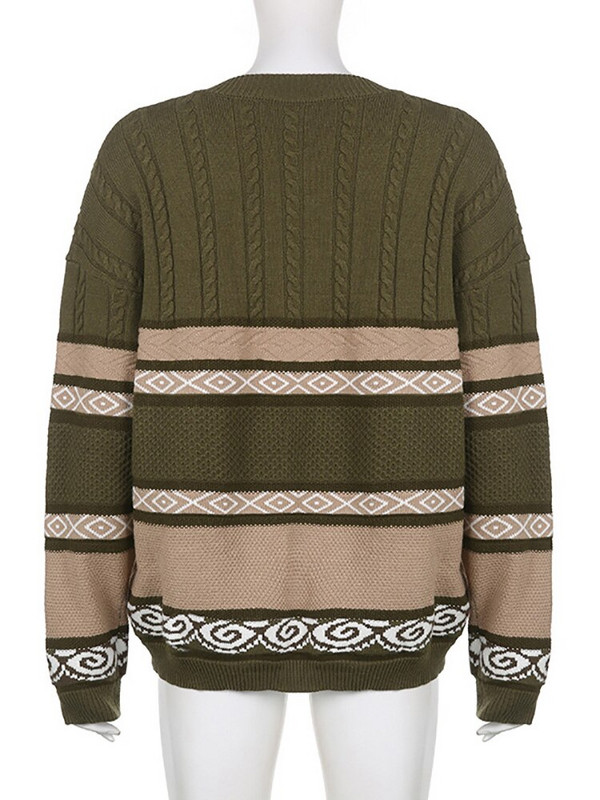 ALLNeon Y2K Fairy Grunge με ριγέ στάμπα πλεκτά πουλόβερ Goblincore Αισθητικό ρετρό με λαιμόκοψη Ο με μακρυμάνικο στρατό Πράσινο μπλουζάκι