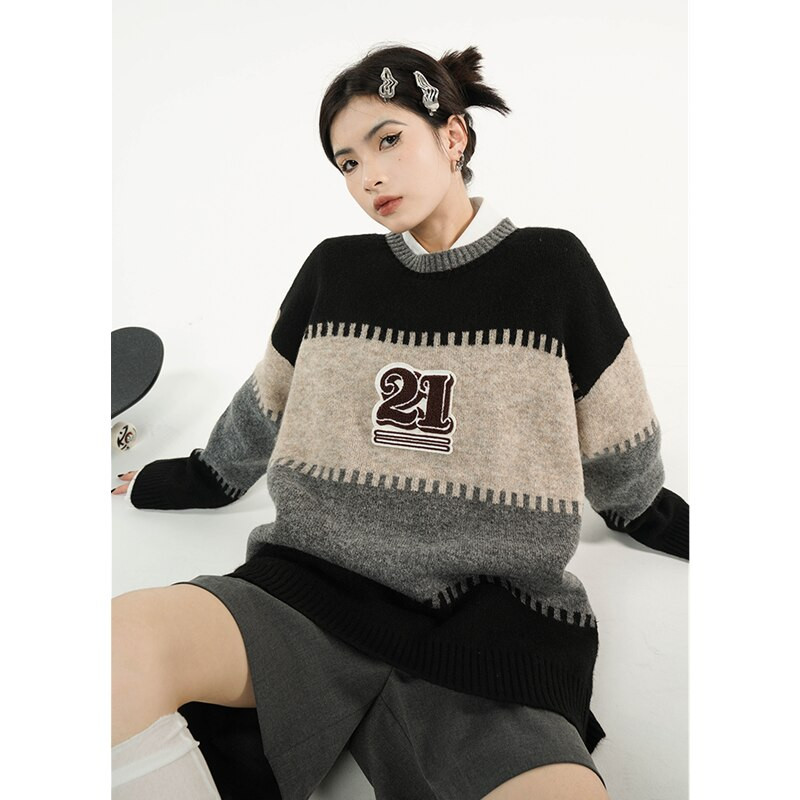 Sieviešu melns svītru džemperis apaļš kakla krāsa kontrasts amerikāņu modes ielas apģērbs slinks vējš ziemas garām piedurknēm adīšanas džemperis