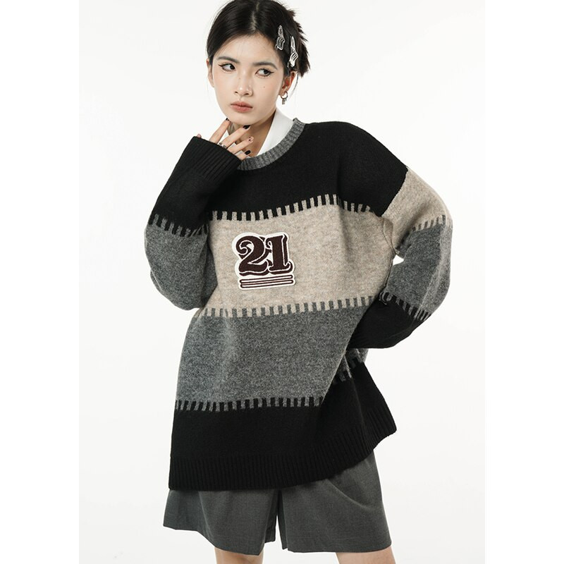 Sieviešu melns svītru džemperis apaļš kakla krāsa kontrasts amerikāņu modes ielas apģērbs slinks vējš ziemas garām piedurknēm adīšanas džemperis