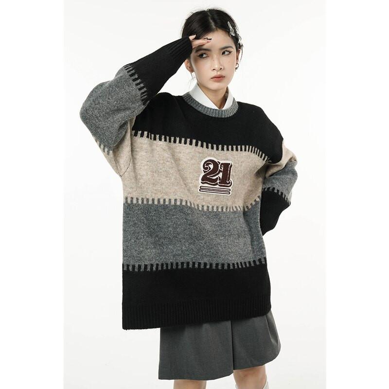 Sieviešu melns svītru džemperis apaļš kakla krāsa kontrasts amerikāņu modes ielas apģērbs slinks vējš ziemas garām piedurknēm adīšanas džemperis